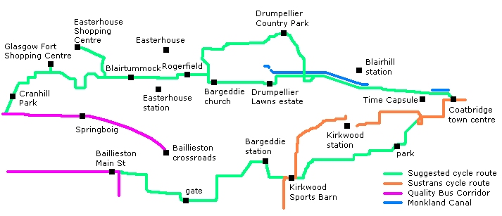 Map showing possible future cycle routes between Glasgow East and Coatbridge
