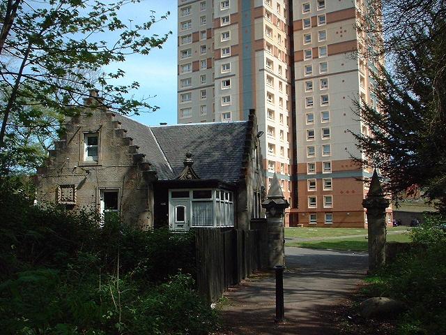 The Dalzell Estate gatehouse at Muirhouse, next to the high flats